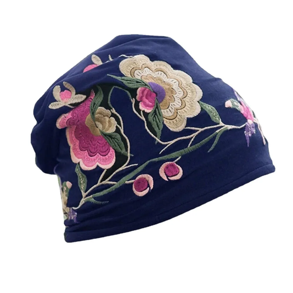 Women Cotton Embroidery Flower Printing Ethnic Style Beanie Hat Breathable Turban Cap